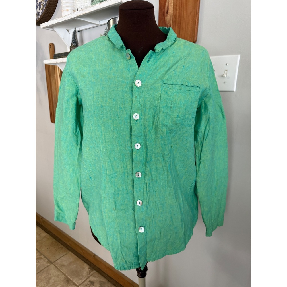 FLAX 100% Linen‎ Button Down Shirt Green Yellow Petite sustainable minimalist